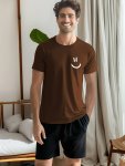 Men's Smile Face Print Short Sleeve Pajama T-shirts Fashion Design With Solid Color & Crew Neck For Summer Sleep Wear