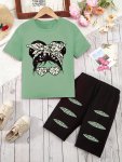Girl's Cute Figure Pattern Outfits Short Sleeve Top + Printed Biker Shorts Holiday casual Set Summer Party Gift