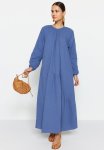 Modest Long Raglan Sleeve Dress - Indigo