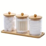 3PCS SET 10 Oz Cotton Swab ball pad Holder With Vanity Tray Apothecary Jar With Wood Lids Clear Bathroom Containers Dispenser Fo