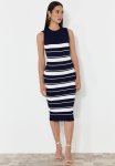 Striped Crew Neck Knitwear Dress - Navy Blue