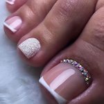 24PCS White French Tip Press On Toenails Square Fake Toenails With Bling Glitter And Rhinestone Design Glossy Full Cover False T
