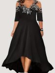 Plus Size Floral Pattern Cold Shoulder Dress Elegant Short Sleeve Dress For Spring & Summer Women's Plus Size Clothing
