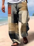Men's 3D Color Blocked Patchwork Pattern Print Casual Drawstring Waist Beach Pants Lightweight Outdoor Long Trousers For Summer