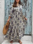 Plus Size Ethnic Print Loose Longline Dress Boho 3 4 Sleeve Tie Neck Dress For Spring & Fall Women's Plus Size Clothing