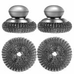 2 Pack Stainless Steel Wool Scrubber With Handle & 2 Pack Replacement Steel Scrubber Wool Pads For Cleaning Iron Pots Dishes Pan