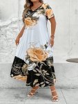 Plus Size Floral Print V Neck Dress Casual Short Sleeve Maxi Dress For Spring & Summer Women's Plus Size Clothing