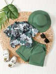 2PCS Toddler Boys Summer Outfit Set With Floral Print Shirt Pure Cotton Shorts And Bucket Hat For Beach & Farm Vacations Casual
