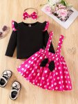 3PCS Girls Ruffle Sleeves Fly Sleeve Top & Polka Dots Suspender Skirt & Headband Set