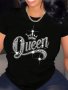 Rhinestone Queen Print Crew Neck T-Shirt Casual Short Sleeve T-Shirt For Spring & Summer Women's Clothing