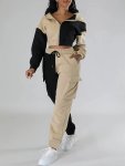 Casual Color Block Two-piece Pants Set Long Sleeve Lapel Neck Hooded Top & Skinny Flap Pockets Drawstring Pants Outfits Women's