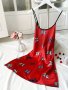 Butterfly Print Satin Nightgown Sexy Round Neck Backless Adjustable Cross Straps Slip Dress Women's Sleepwear