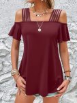 Solid Cold Shoulder T-Shirt Casual Ruffle Sleeve Top For Spring & Summer Women's Clothing