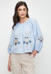 Edit Embroidered Puff Sleeve Blouse - Blue & Tan