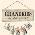 Traditional Wooden Grandkids Photo Holder Sign With Twine - Wall Hanging Display Plaque For Grandparents Multipurpose Family Pic
