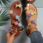 Women's Colorful Flowers Decor Sandals Toe Loop Slip On Summer Beach Shoes Casual Outside Vacation Sandals