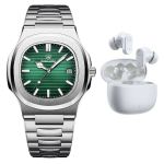Men's Green Dial Quartz Watch & Bluetooth Earbuds Gift Set