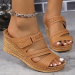 Women's Solid Color Wedge Heeled Sandals Casual Open Toe Platform Shoes Comfortable Slip On Sandals