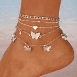 Delicate Silvery Butterfly Heart Design Anklet Zinc Alloy Jewelry Rhinestones Inlaid Elegant Bohemian Style For Summer Beach