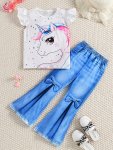 Girls' Summer Cartoon Unicorn Pattern Knit Round Neck Short Sleeve Top And Flared Pants Set - Cute Style Casual Wear Polyester A