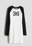 Printed Raglan-sleeved Dress - White & 36