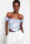 Crop Lined Corset Floral Patterned Poplin Bustier - Blue & White