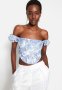 Crop Lined Corset Floral Patterned Poplin Bustier - Blue & White