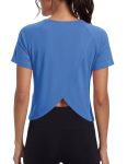 Quenteen Womens Open Back Workout Tops Boxy Cropped Tops Athletic For Running Yoga Trendy Gym Aesthetic Outfits Blue XL