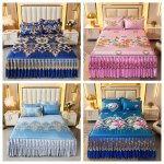 2PCS 3PCS New Full Lace Hem Bed Skirt Jacquard Ice Silk Mat Softness And Comfort Folding Machine Wash Mattress Cover Bedding Set