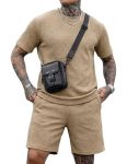 Babioboa Mens 2 Piece Set Summer Vacation Outfits Textured T Shirt And Shorts Tracksuit Set Fashion Streetwear Khaki XL