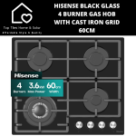 Hisense Black Glass 4 Burner Gas Hob With Cast Iron Grid - 60CM