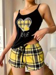 Women's Love Heart & Plaid Pajama Set Cute Style Spaghetti Strap Sleeveless Elastic Waistband Short Pants Polyester Knit Fabric