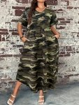 Plus Size Camouflage Print Pocket Dress Casual Short Sleeve V Neck Long Length Dress For Spring & Summer Women's Plus Size Cloth
