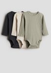 3-PACK Ribbed Bodysuits - Dark Grey khaki Green