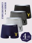 4 Pcs Men's Trendy Deer & Letter Print Boxer Briefs Comfy & Antibacterial Sports Underwear Set