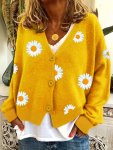 Daisy Pattern Embroidered Knitted Cardigan Button Front Elegant Long Sleeve Sweater For Spring & Fall Women's Clothing