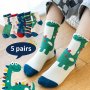 5 Pairs Boys Casual Dino Pattern Print Knit Socks Breathable Comfy Crew Socks For Summer And Spring Kids Children's Accessories