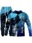 Plus Size Men's Wolf Print Hooded Sweatshirt & Sweatpants Set For Spring autumn Men's Clothing