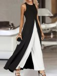Color Block Crew Neck Jumpsuit Elegant Sleeveless Wide Leg Jumpsuit For Spring & Summer Women's Clothing