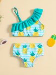 2PCS Girls One Shoulder Ruffled Trim Top & Cartoon Pineapple Graphic Mid Stretch Shorts Bikini Tankini Swimsuit Set Kids Summer
