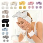3PCS SET Lovely Bowknot Decorative Head Band Elastic Fluffy Head Hoop Water Absorbent Wrist Band Suitable For Face Washing Spa S