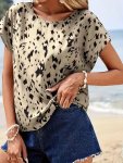 Allover Print Crew Neck Blouse Elegant Short Sleeve Top For Spring & Summer Women's Clothing