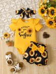 Baby's "you Are My Sunshine" Print 2PCS Lovely Summer Outfit Ruffled Bodysuit & Headband & Sunflower Full Print Shorts Set Toddl