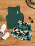 2PCS Boys Casual Palm Tree Graphic Print Comfortable Versatile Sleeveless Tank Top & Shorts Set Cool Lightweight And Comfy Summe
