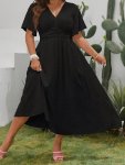Plus Size Swiss Dots Solid Dress Short Sleeve V Neck Ruched Elegant Dress For Spring & Summer Women's Plus Sizeclothing