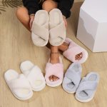 Fluffy Cross Band Platform Slippers Solid Color Open Toe Soft Sole Fuzzy Shoes Winter Cozy & Warm Home Slippers