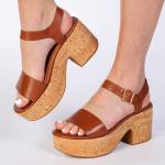 Platform Leather cork Heel Sandal - Deep Tan - 8