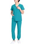 Solid Functional Two-piece Set Health Care Short Sleeve Top & Drawstring Pants Outfits For Nurse Women's Clothing