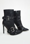 Black Faux Leather Point Toe Buckle Detail Heeled Ankle Boot - Black
