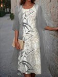 Elegant Two Piece Set Half Sleeve Open Front Cover Up & Leaves Print Crew Neck Dress Women's Clothing